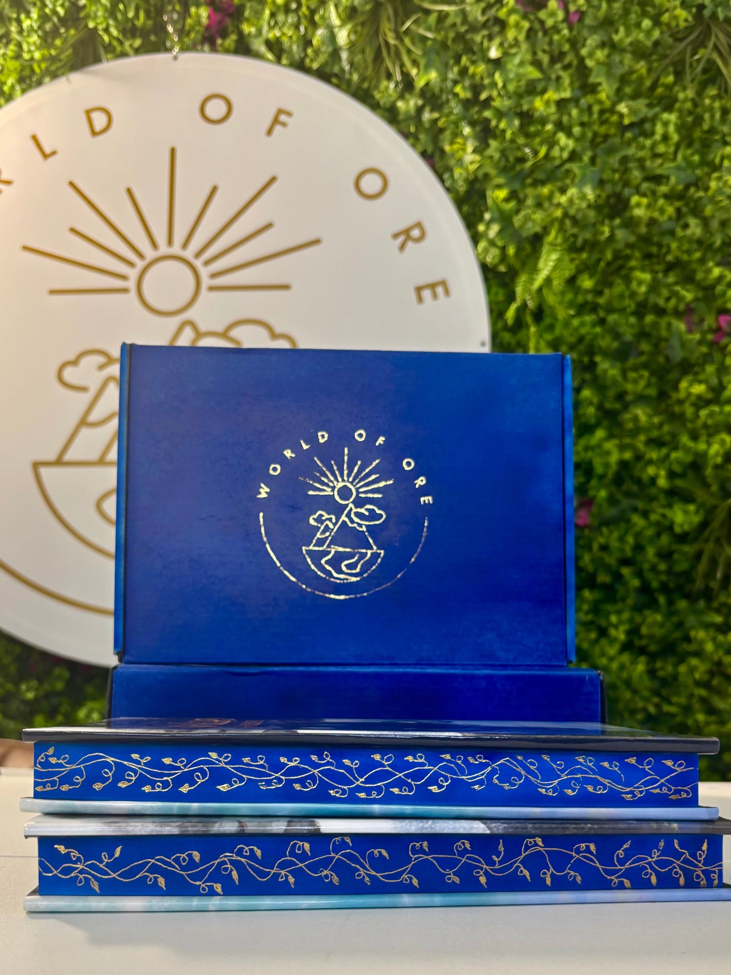 Blue decorative item with 'World of Ore' logo against a green background