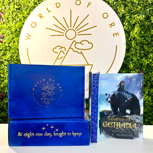Blue book with 'World of Ose' logo and a book titled 'Legend of Geriana' on a green background